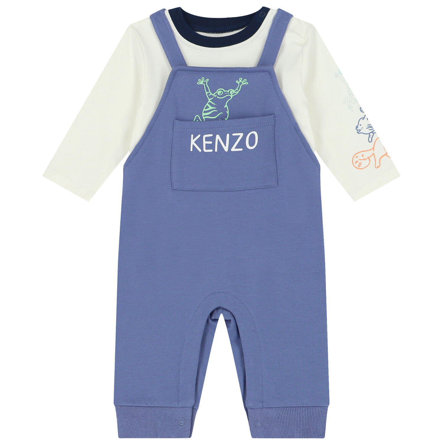 Baby Boys Blue & Ivory Logo & Frog Dungaree Set, 1, hi-res
